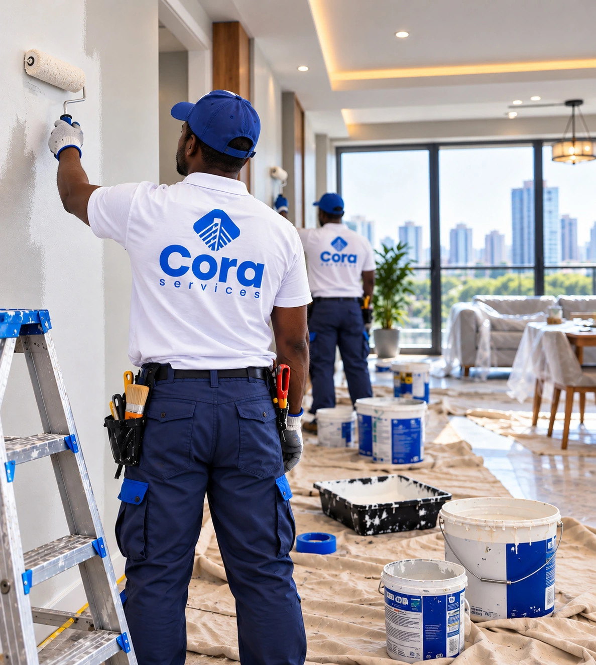 Painter decorating a room