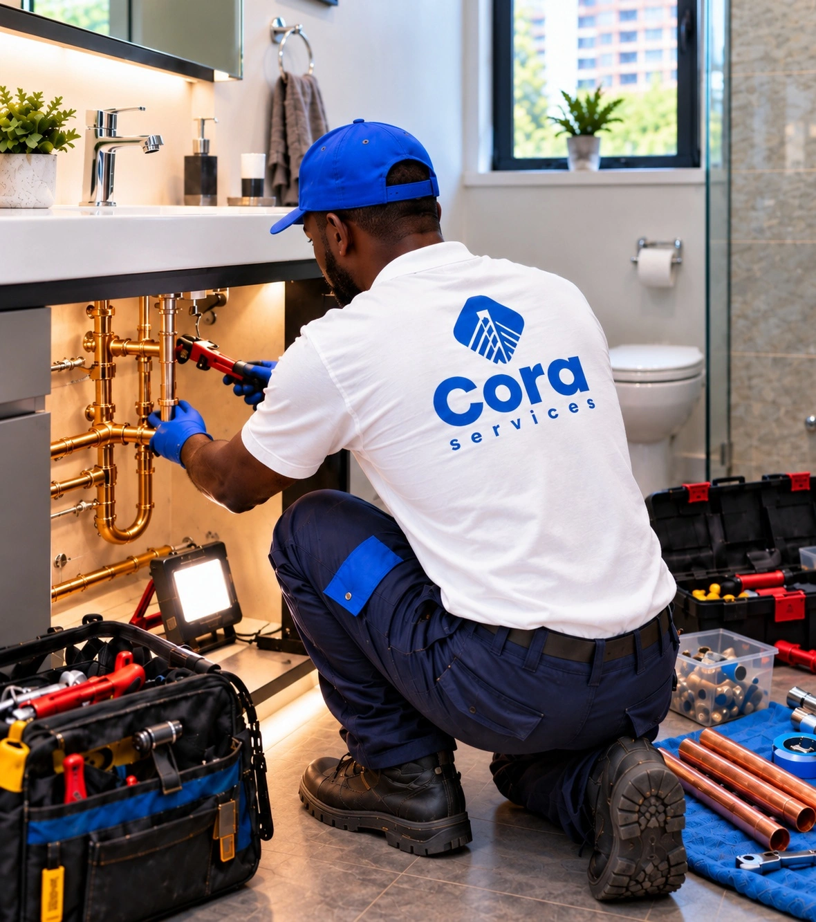 Plumber repairing pipework